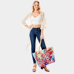 Oversized Rainbow Heart Print Beach Tote Bag